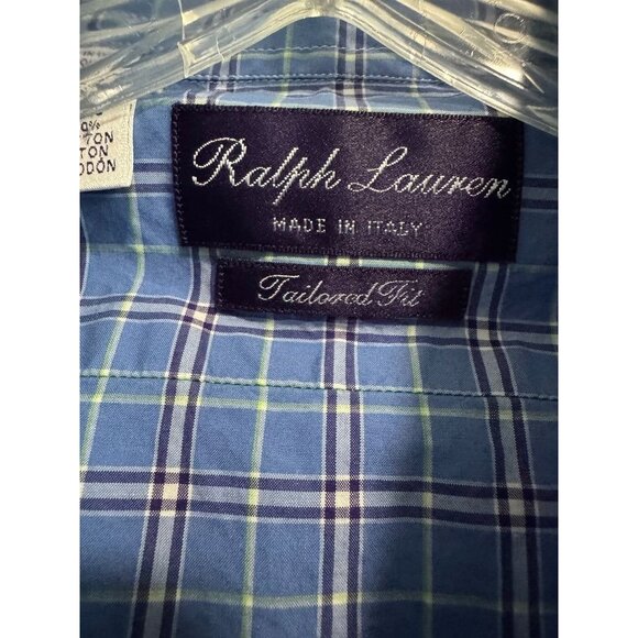 Ralph Lauren Purple Label Tailored Fit Shirt Blue Check Cotton Italy Men's 15.5 - Picture 4 of 6